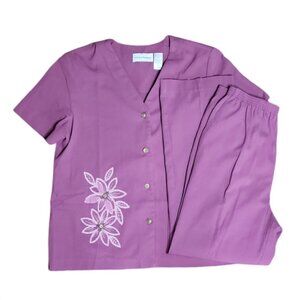 Alfred Dunner Outfit Set Womens Size 14 Purple Embroidered 2 Piece Pants Top